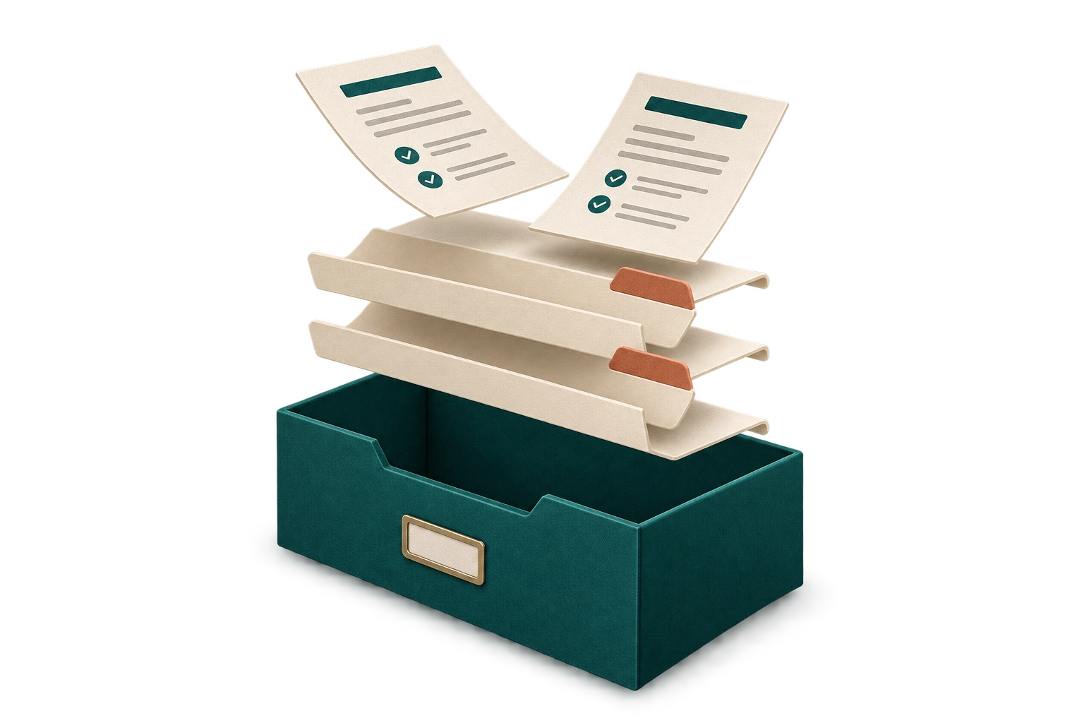 Report sheets and class folders floating above a teal archive box