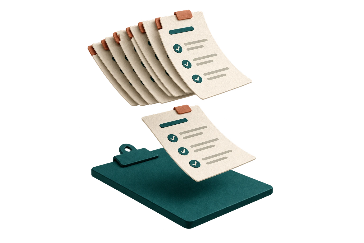 A single report and a batch of reports floating above a clipboard