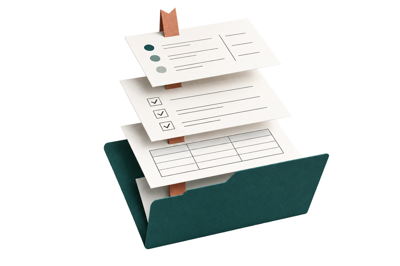Reusable report template sheets floating above a teal folder